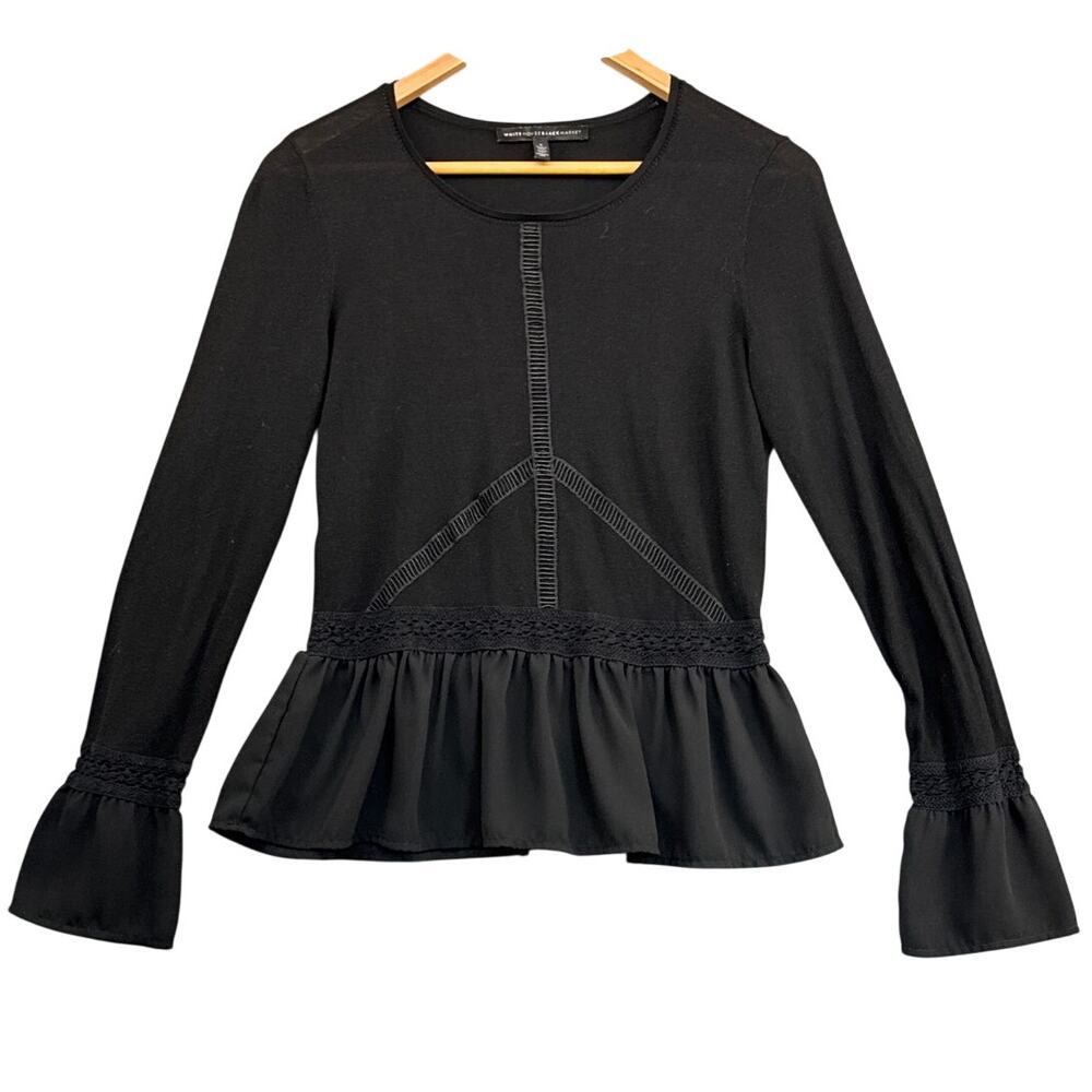 White House Black Market Black Ruffle Hem Bell Cuff Peplum Top Women Small